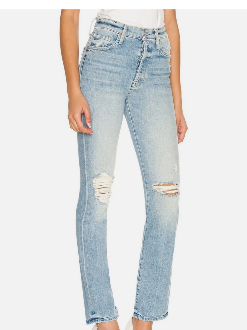 MOTHER Light Blue Distressed High-Rise Straight Jeans